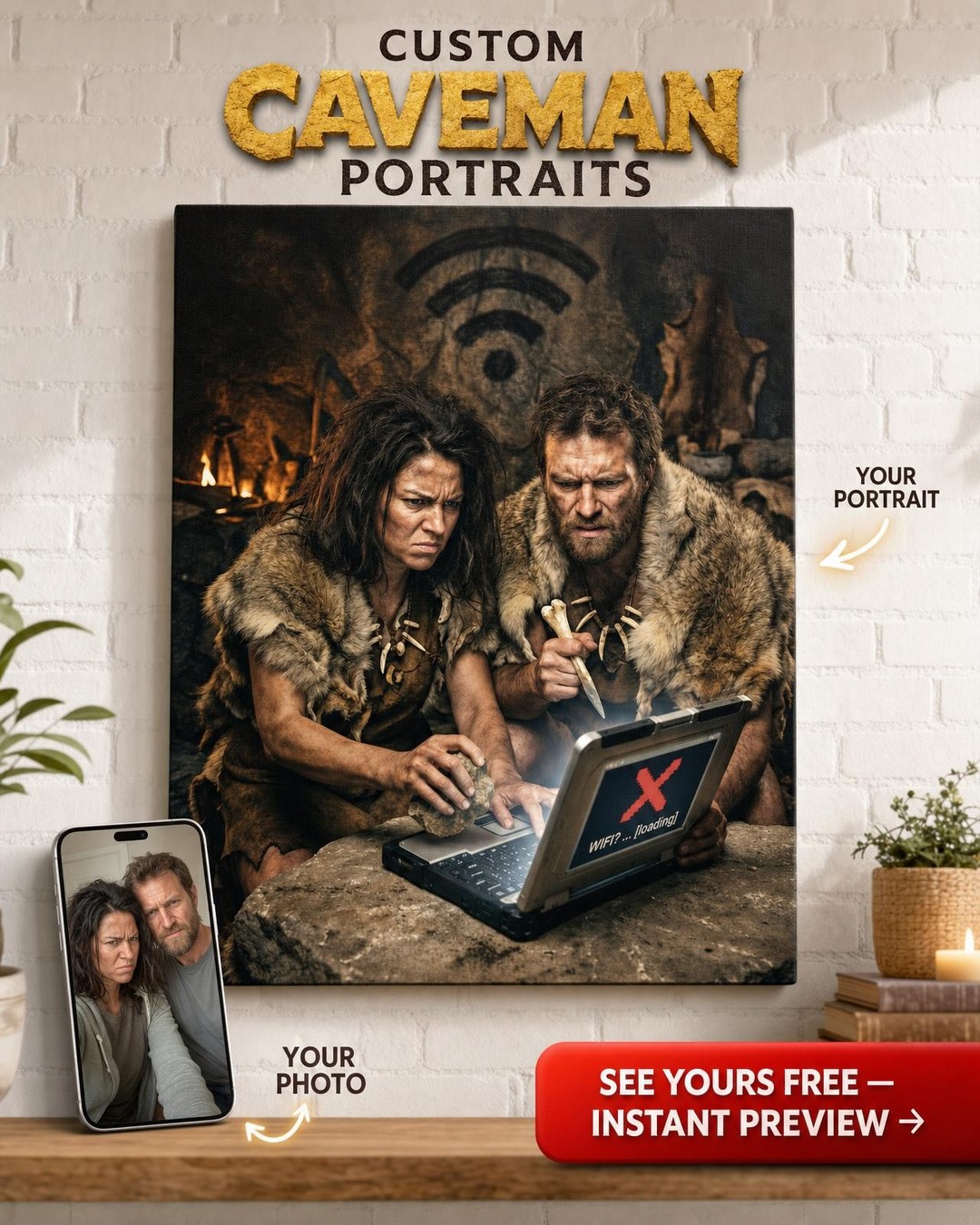 Custom Fantasy Couple Portrait — Whimsical Cave Adventure Canvas