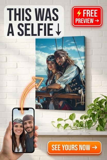 Custom Pirate Couple Portrait — Adventurous Ocean Canvas from Photo