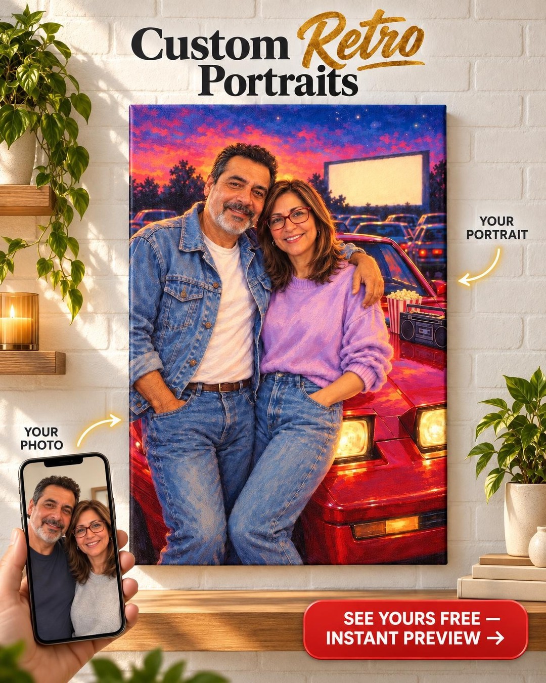 1980s Drive-In Couple Custom Portrait from Photo | Personalized Retro Romance Gift