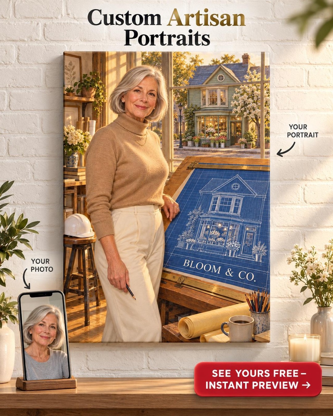 Drafting Table Custom Portrait from Photo | Personalized Dream Builder Gift
