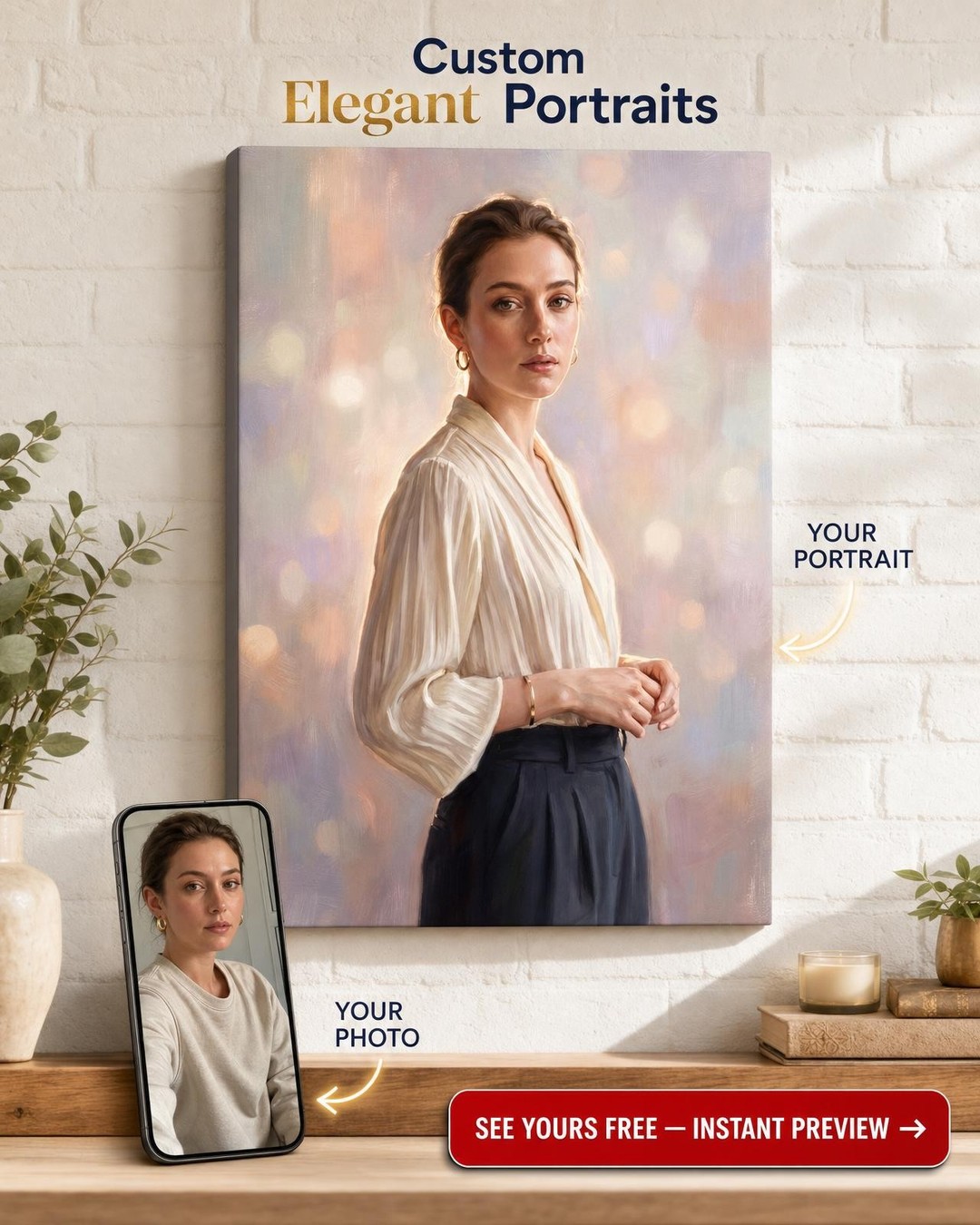 Custom Impressionist Woman Portrait — Serene Canvas from Photo