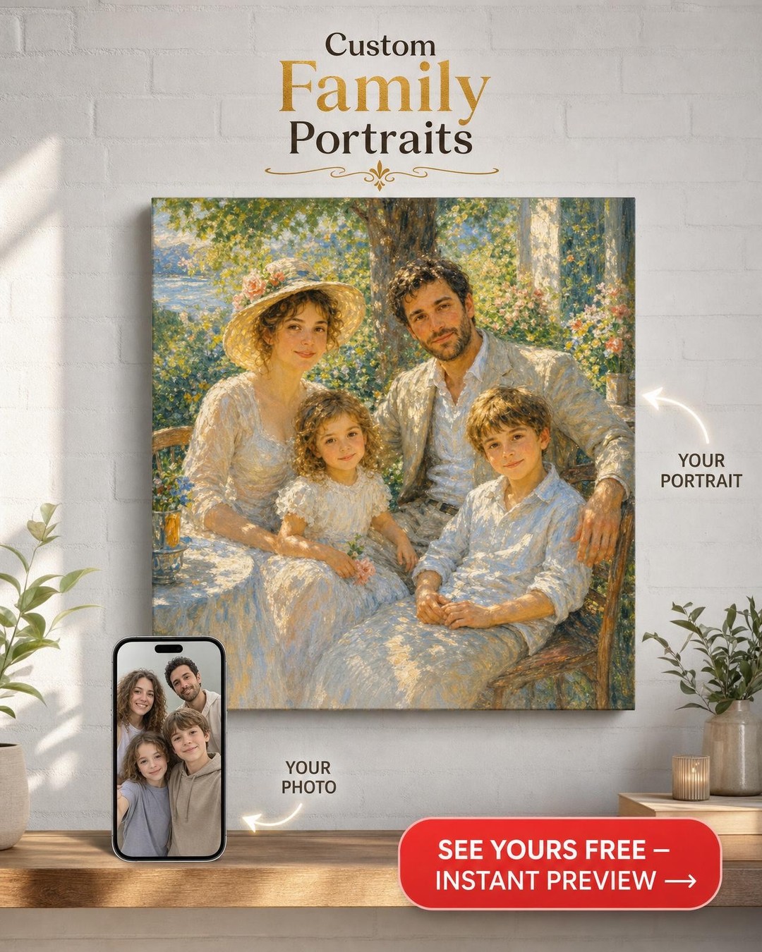 Custom Impressionist Family Portrait — Serene Floral Canvas from Photo