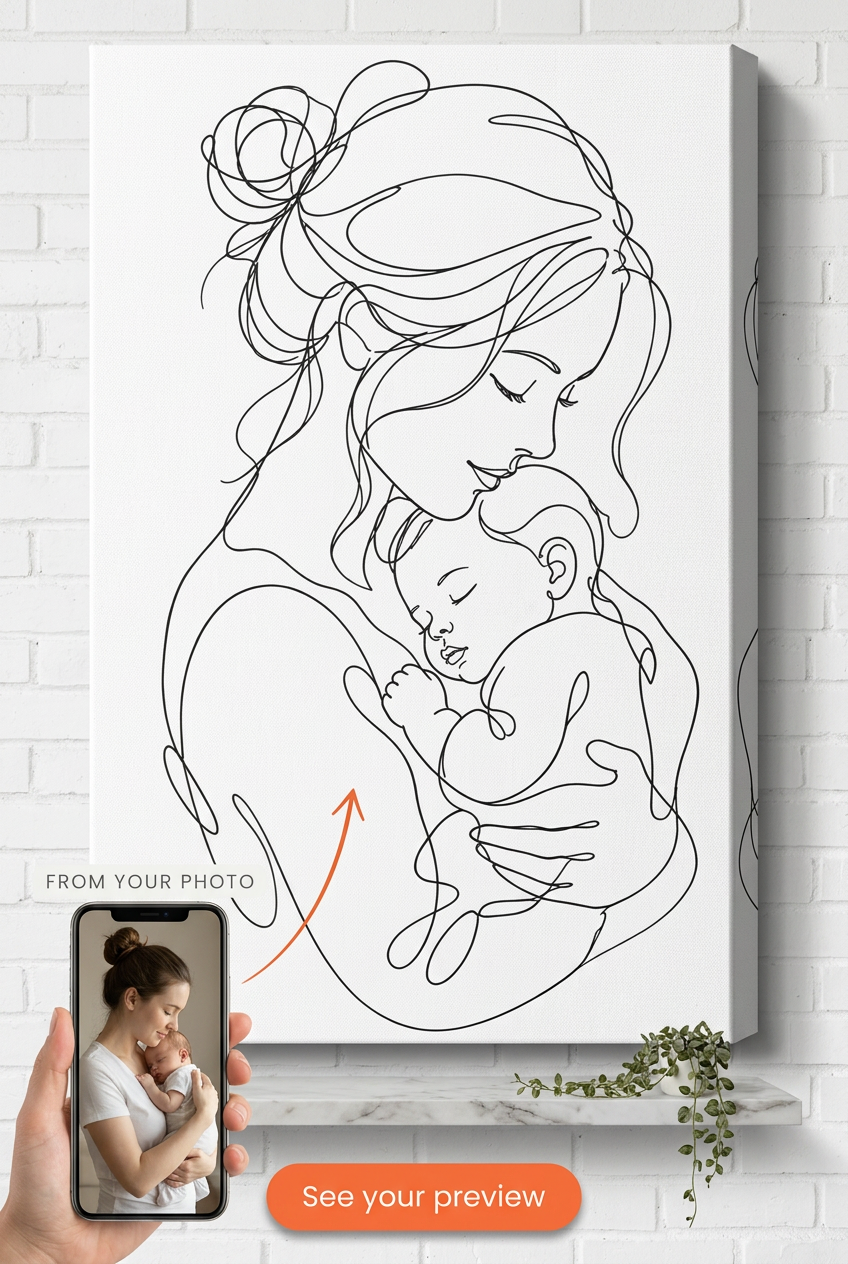 Custom Line Drawing Mother-Child Portrait — Serene Family Canvas