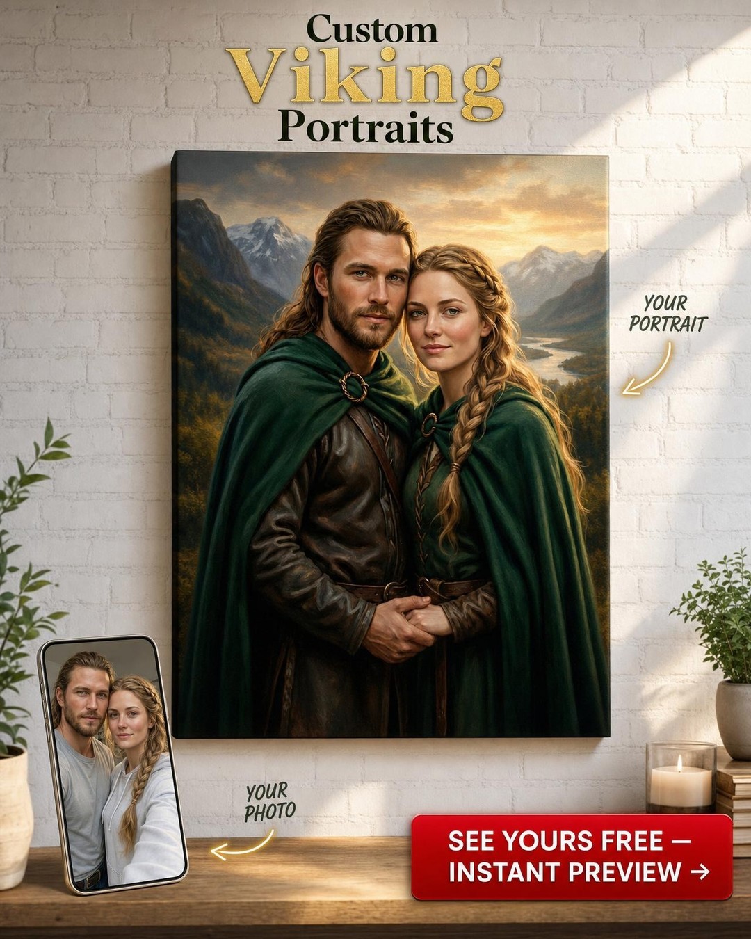 Custom Fantasy Couple Portrait — Romantic Cloak Canvas from Photo