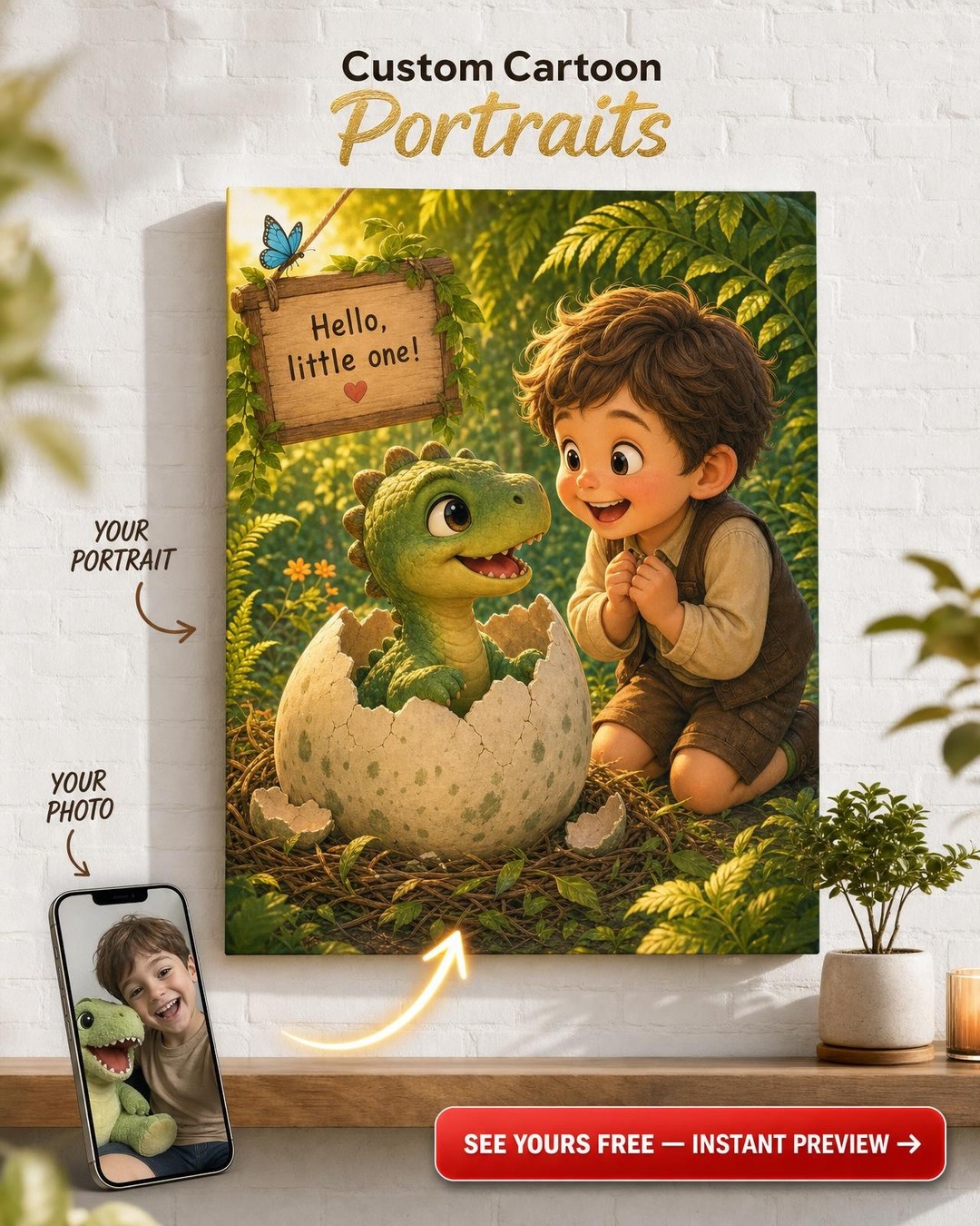 Baby Dino Hatchling Custom Portrait from Photo | Personalized Canvas Gift
