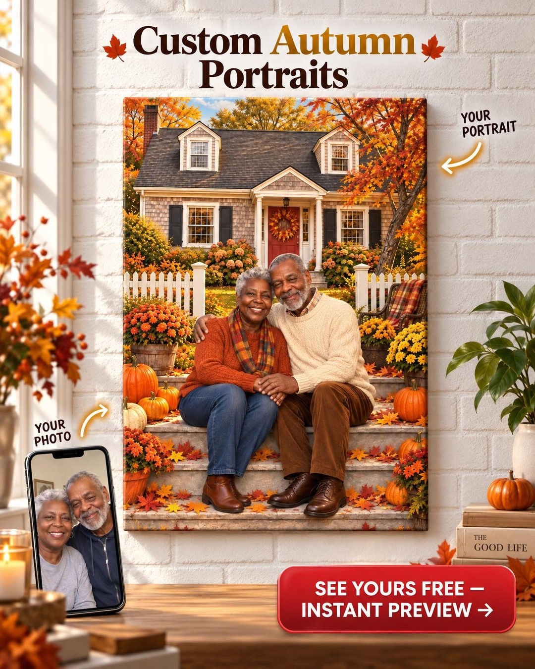 Autumn Homecoming Custom Portrait from Photo | Personalized Childhood Home Gift