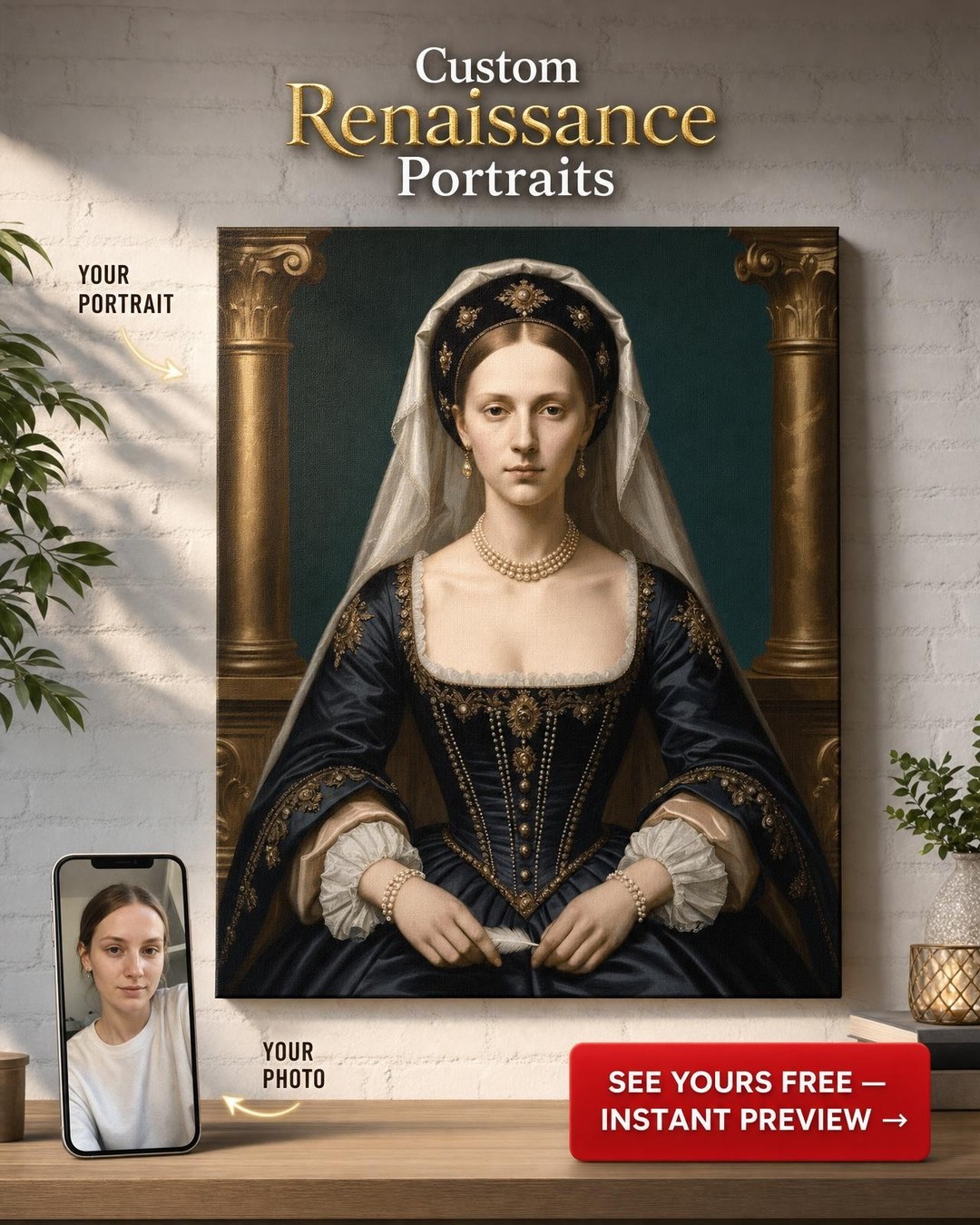 Custom Renaissance Woman Portrait — Regal Crown Canvas