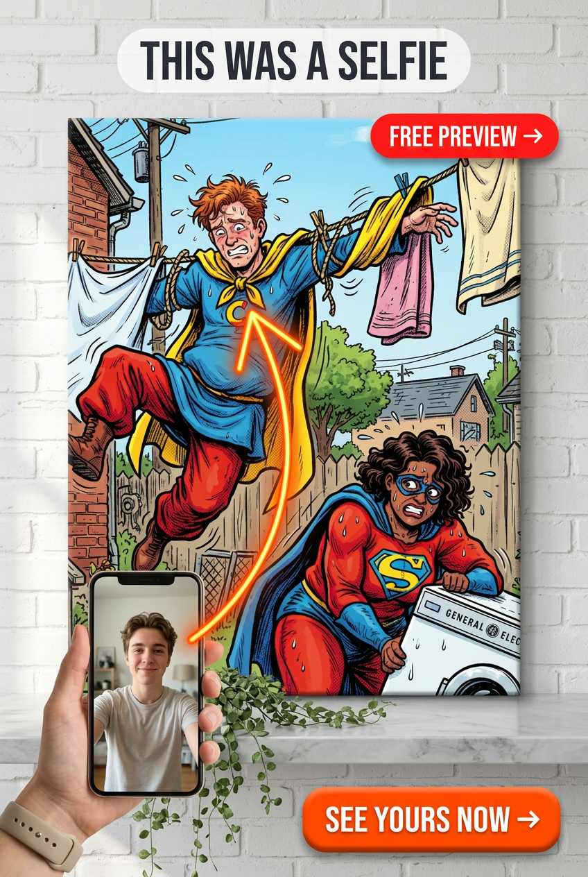 Custom Superhero Man Portrait — Whimsical Comic Canvas from Photo
