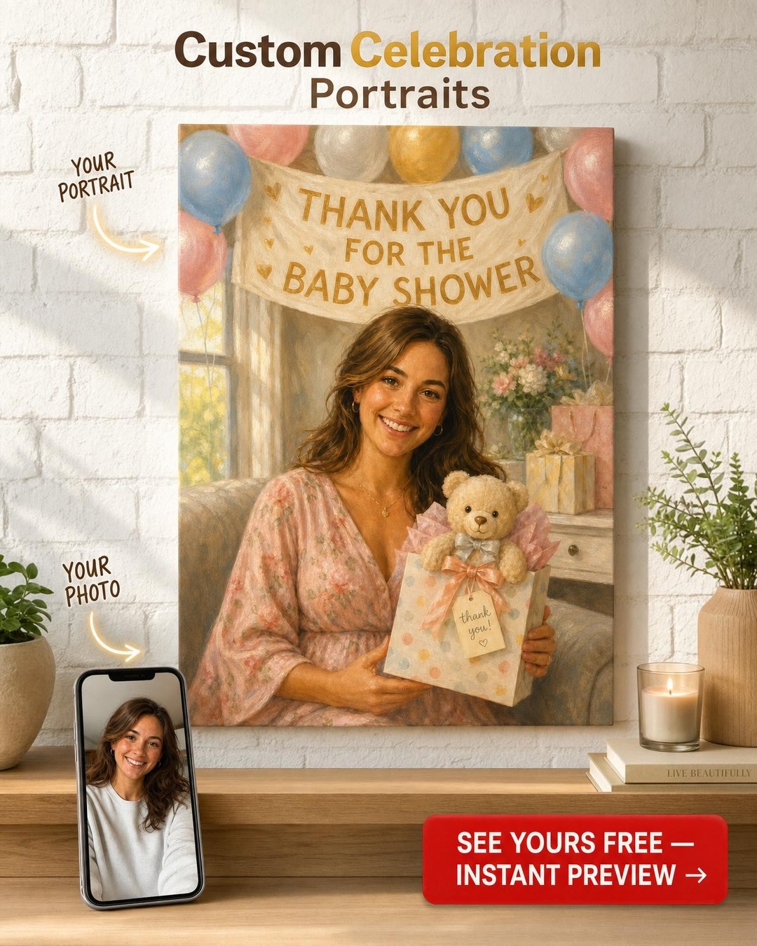 Baby Shower Host Thank You Canvas — photoreal canvas with face-swap on a templat