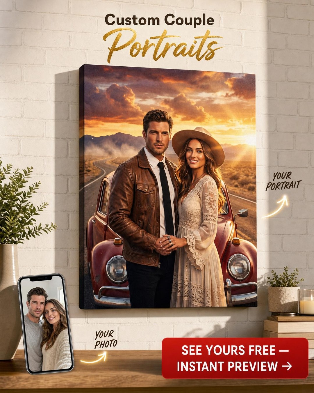 Retro Romance Roadtrip Pár Plátno Portrét