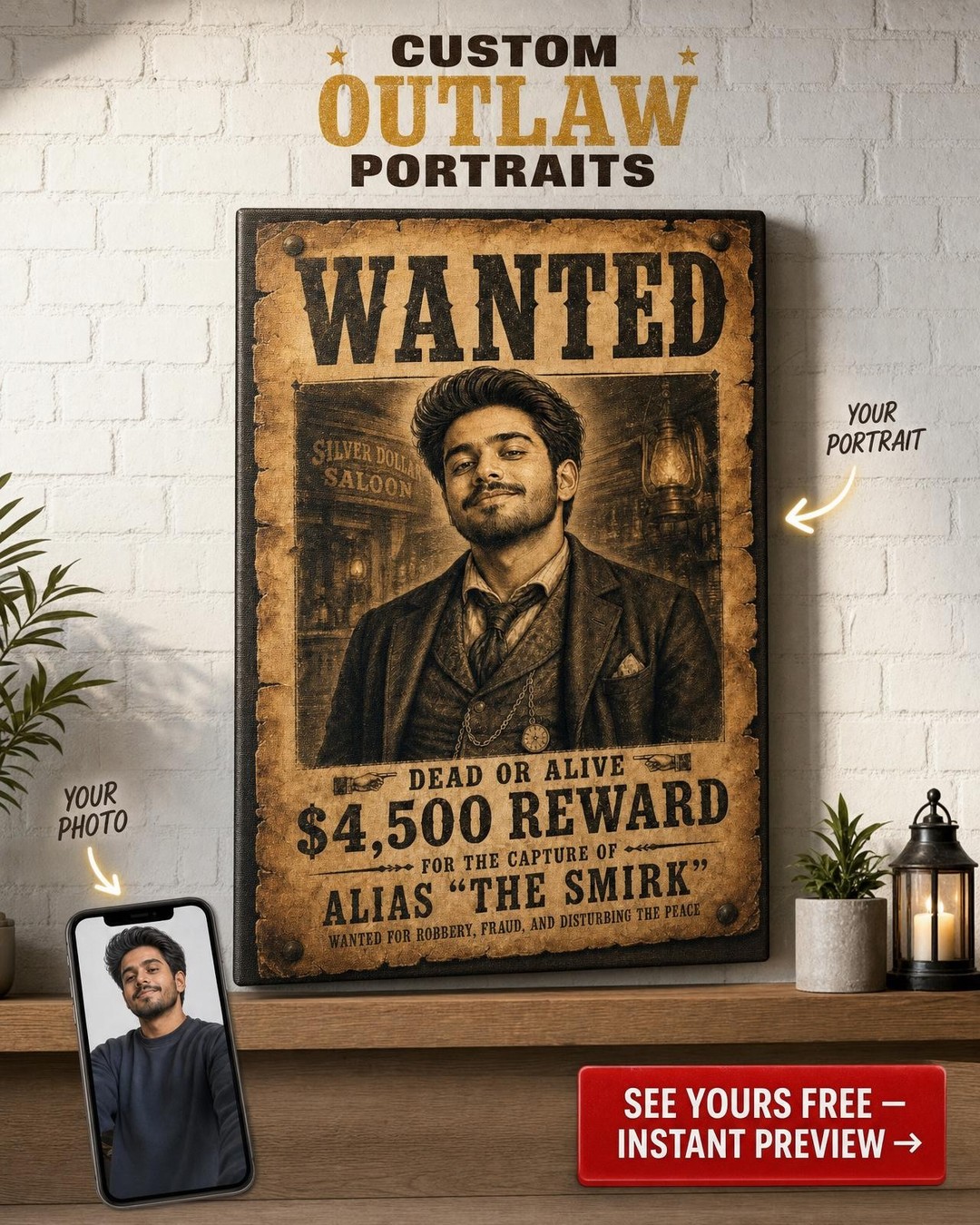 Wild West Saloon Wanted Poster Custom Portrait from Photo | Personalized Gift