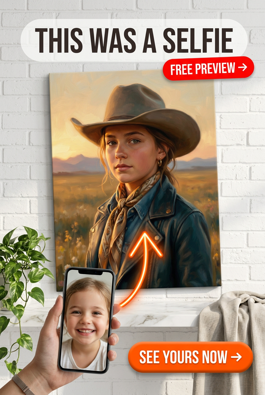 Custom Cowboy Woman Portrait — Serene Western Canvas from Photo