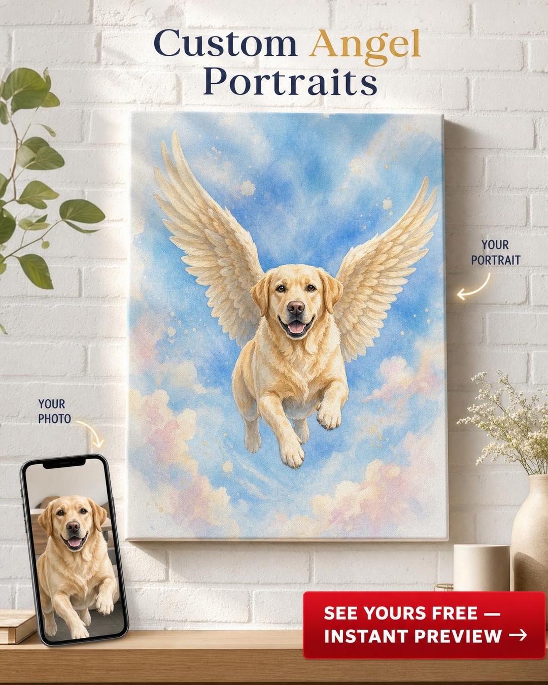 Whimsical Dog Portrait with Angel Wings