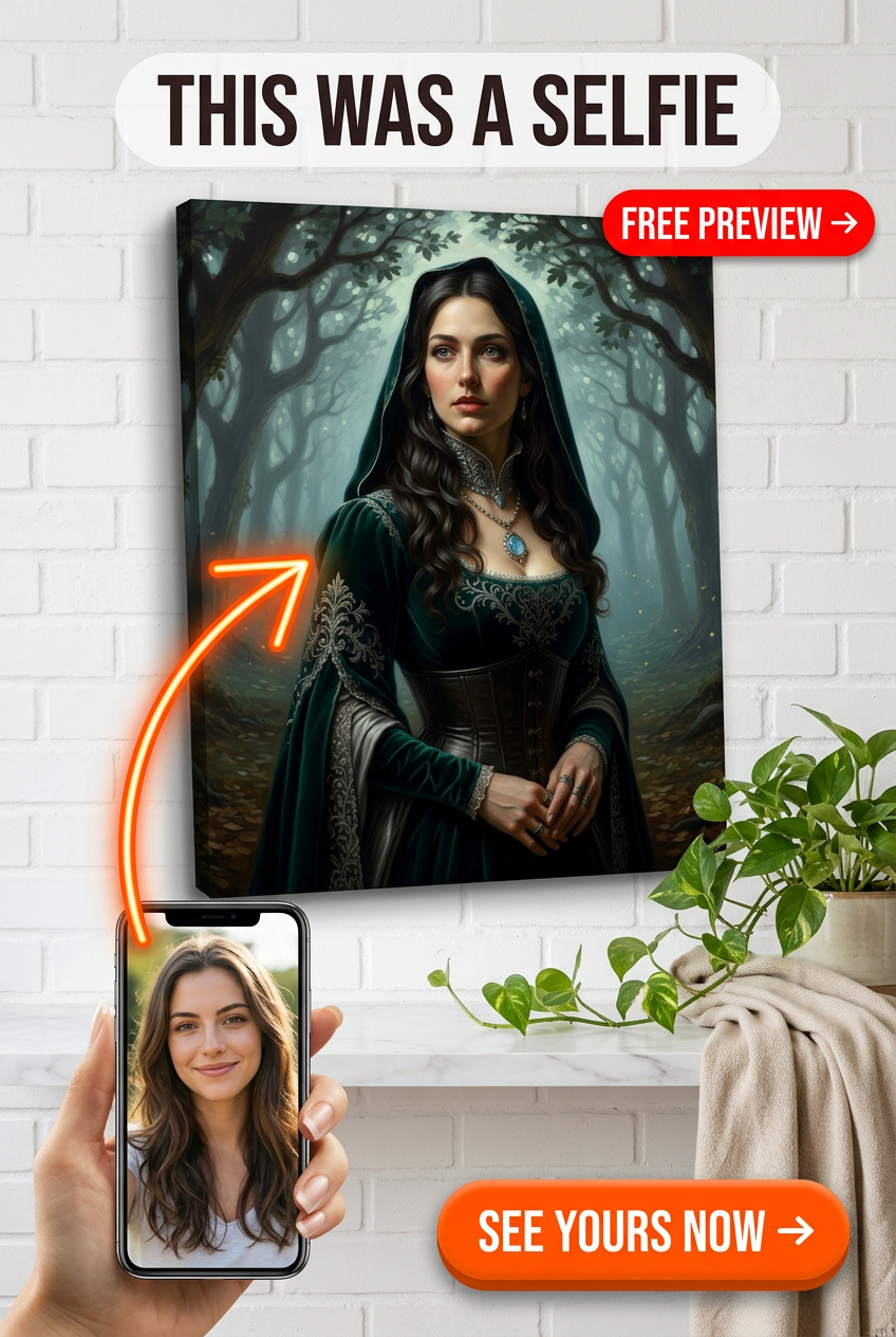 Custom Fantasy Woman Portrait — Regal Hooded Cloak Canvas