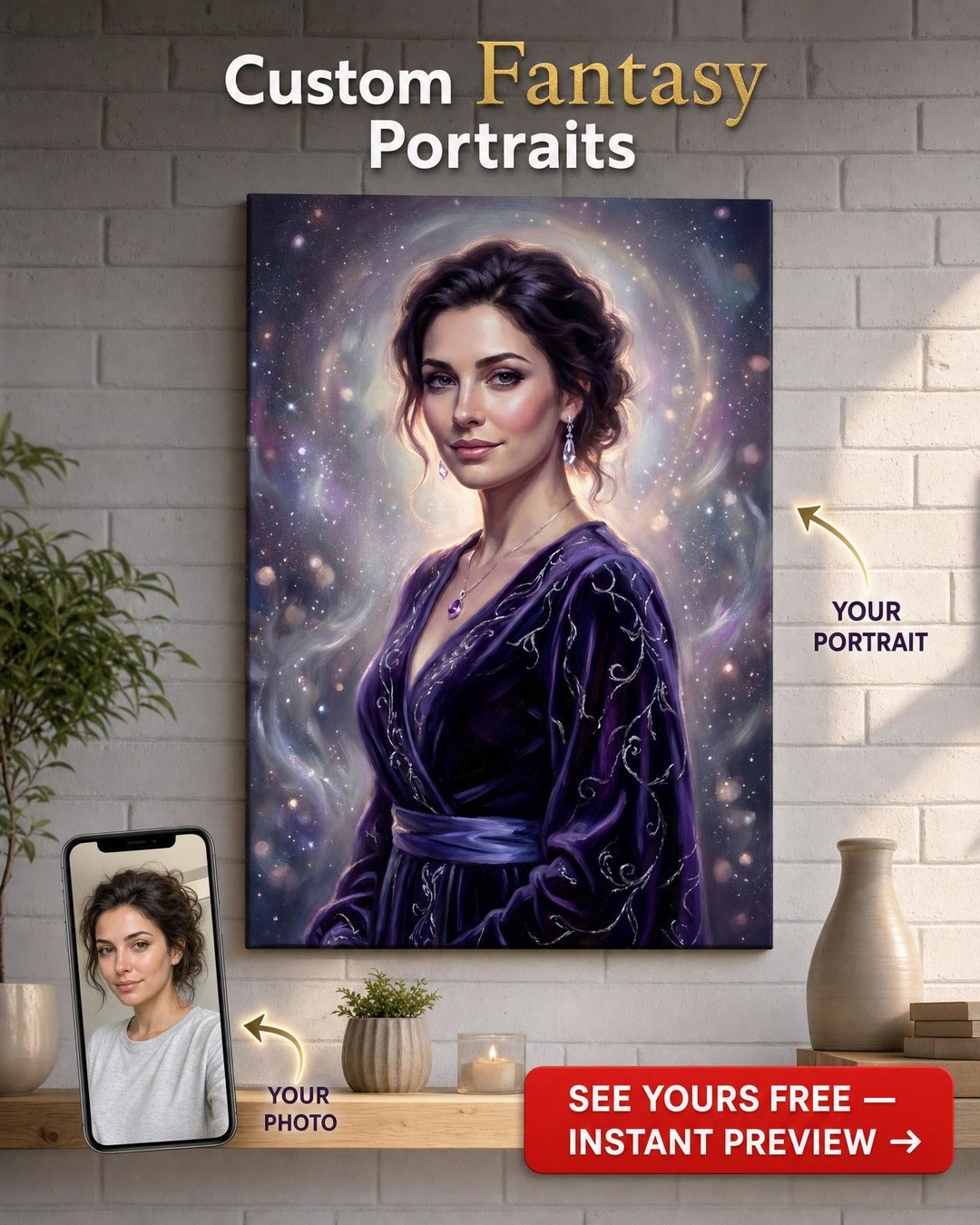 Custom Fantasy Woman Portrait — Whimsical Cosmic Art from Photo