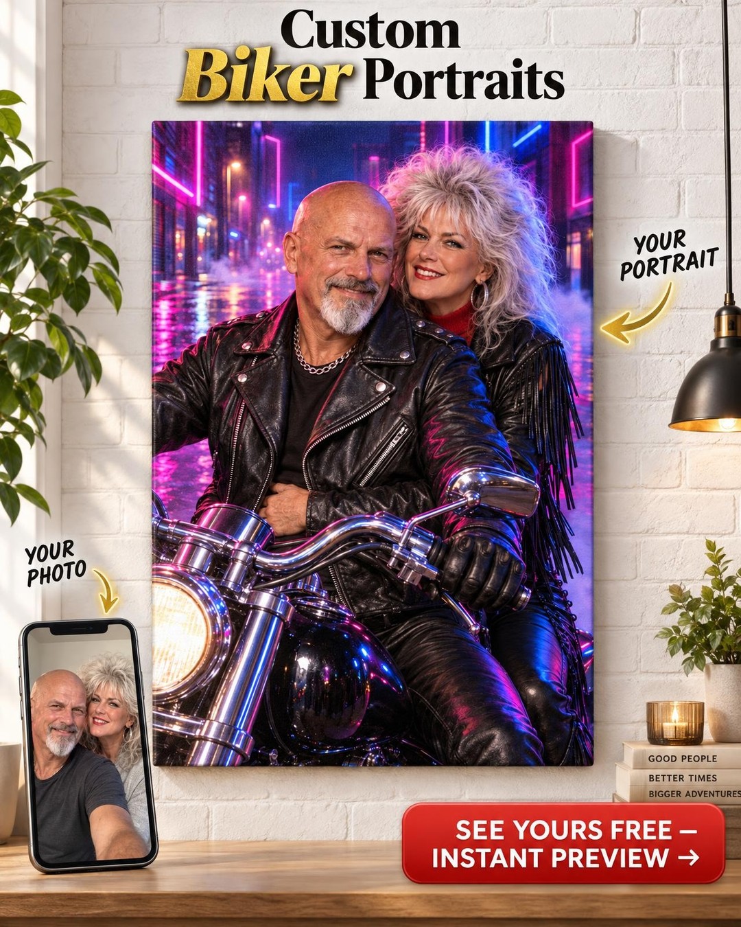 Rebel Ride Rock Couple Custom Portrait from Photo | Personalized Musician Portrait Gift