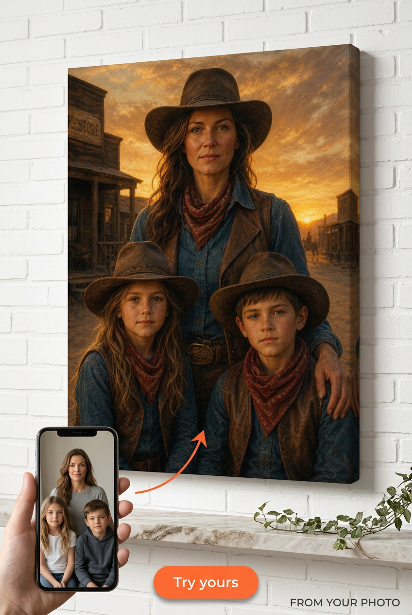 Custom Cowboy Family Portrait — Heroic Western Canvas from Photo