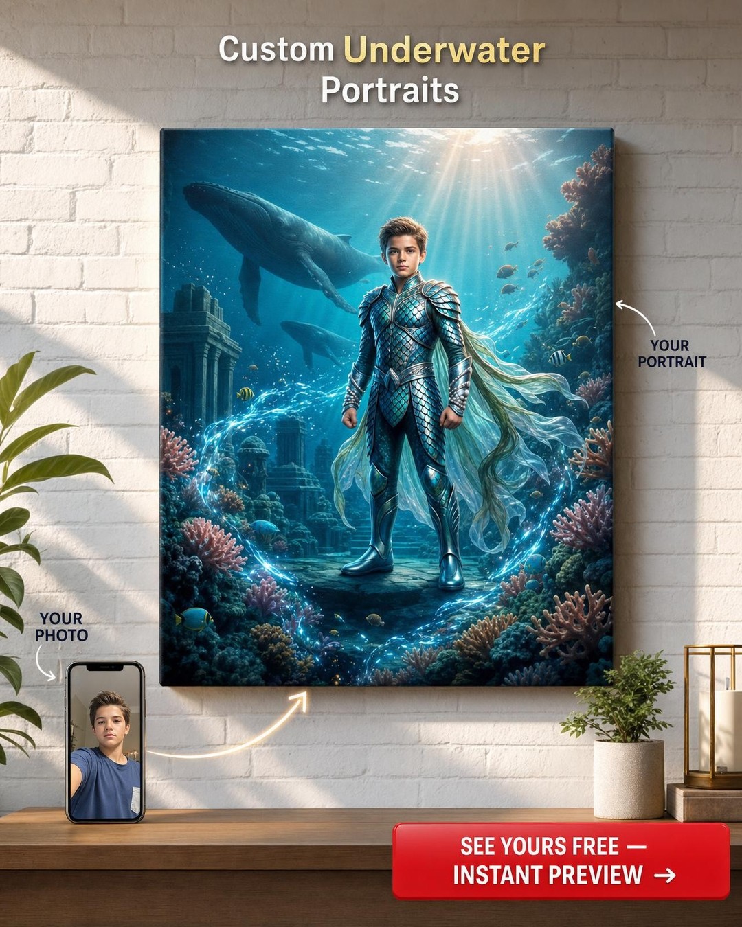 Custom Ocean Boy Portrait — Heroic Underwater Armor Canvas