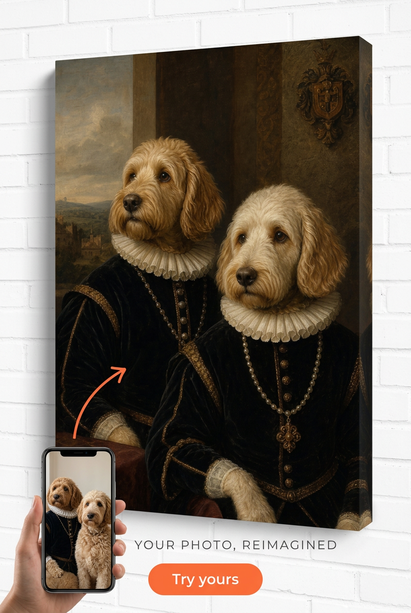 Custom Renaissance Dog Portrait — Whimsical Pet Canvas from Photo