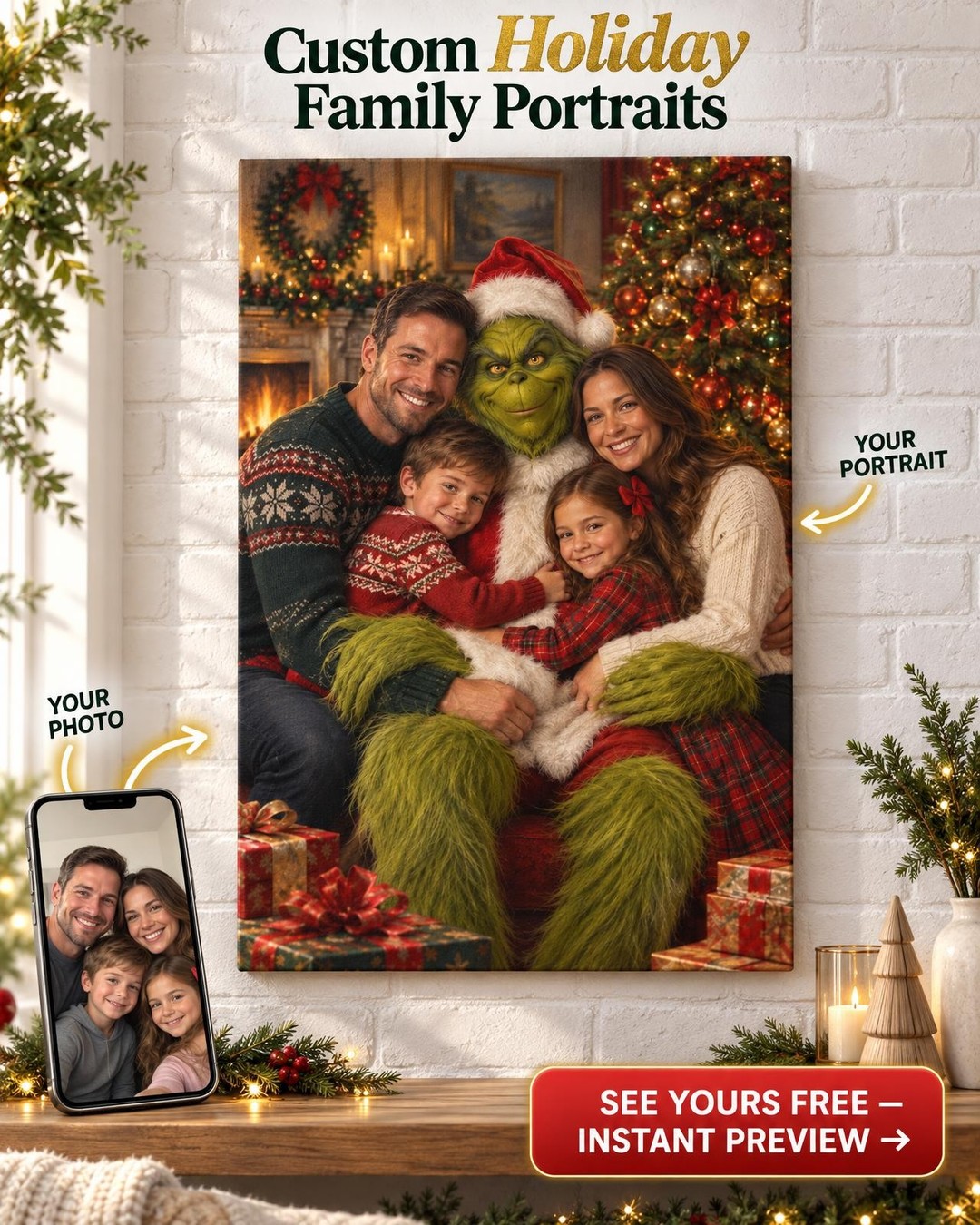 Joyful Christmas Portrait Custom Portrait from Photo | Personalized Christmas Portrait Gift