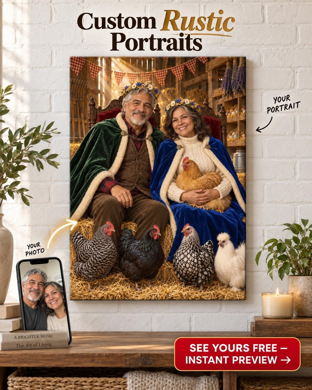 Royal Court of the Coop Couple Custom Portrait from Photo | Personalized Backyard Chickens Gift
