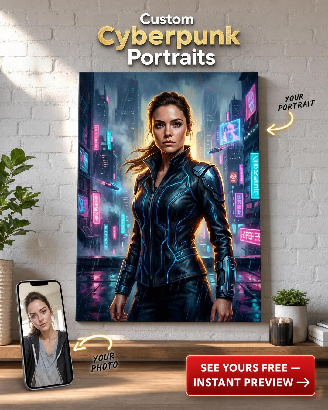 Custom Cyberpunk Single Man Portrait — Neon Heroic Canvas