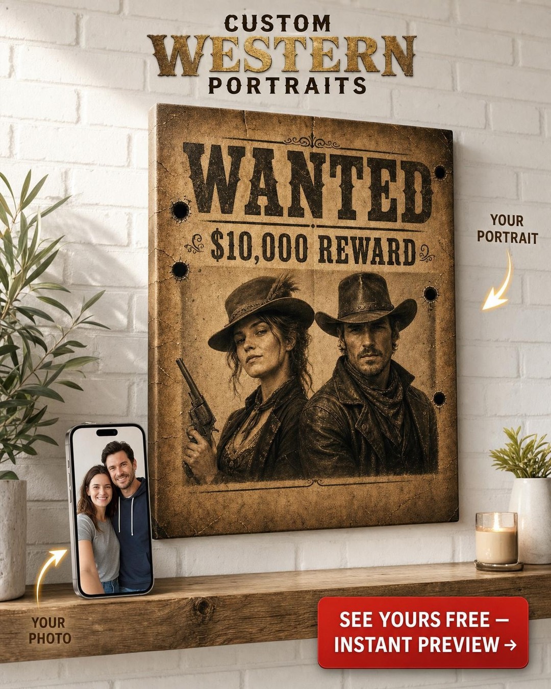Custom Cowboy Portrait - Wanted Poster Canvas