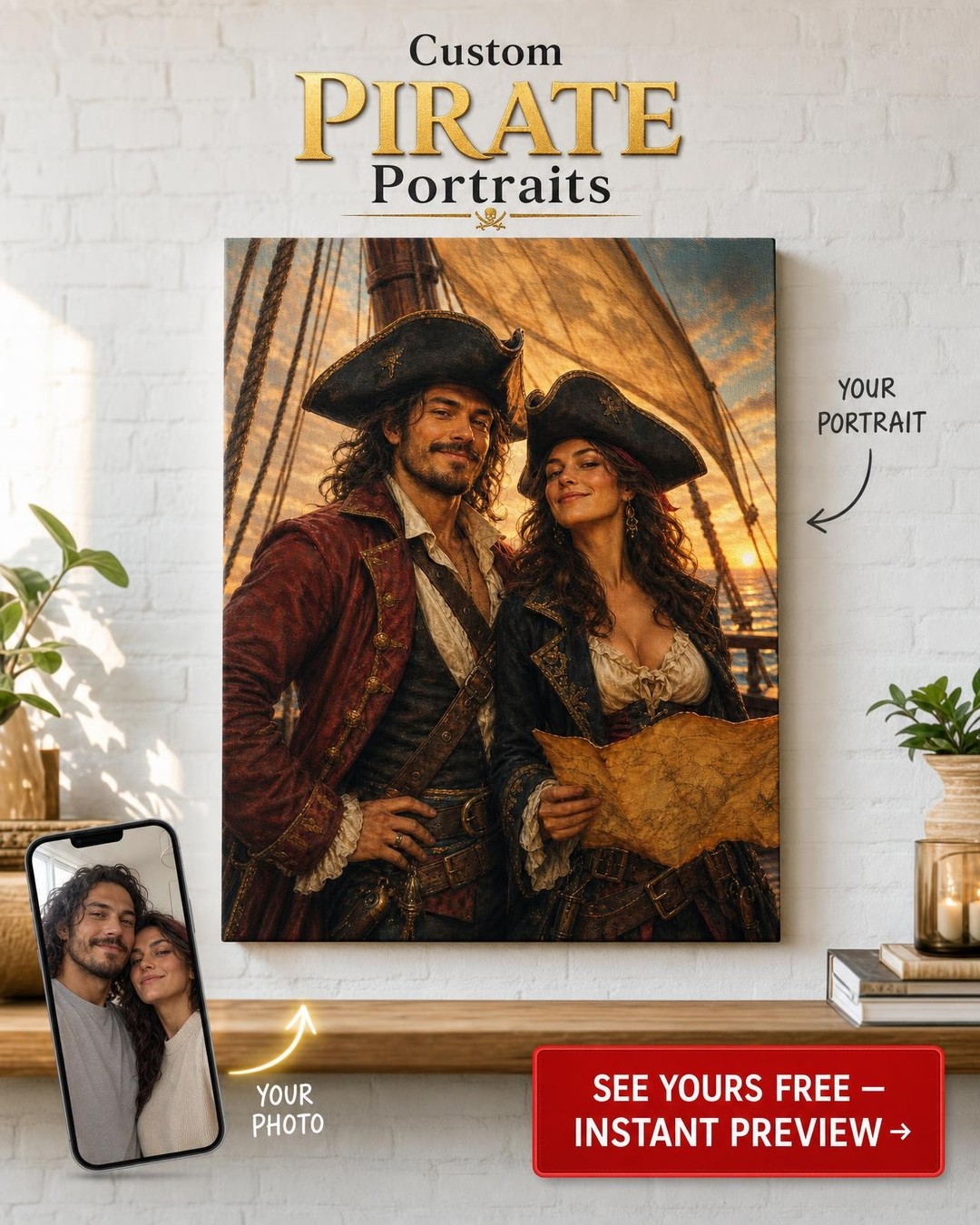 Pirates of the Sunset Sea Custom Portrait from Photo | Personalized Gift for Couples