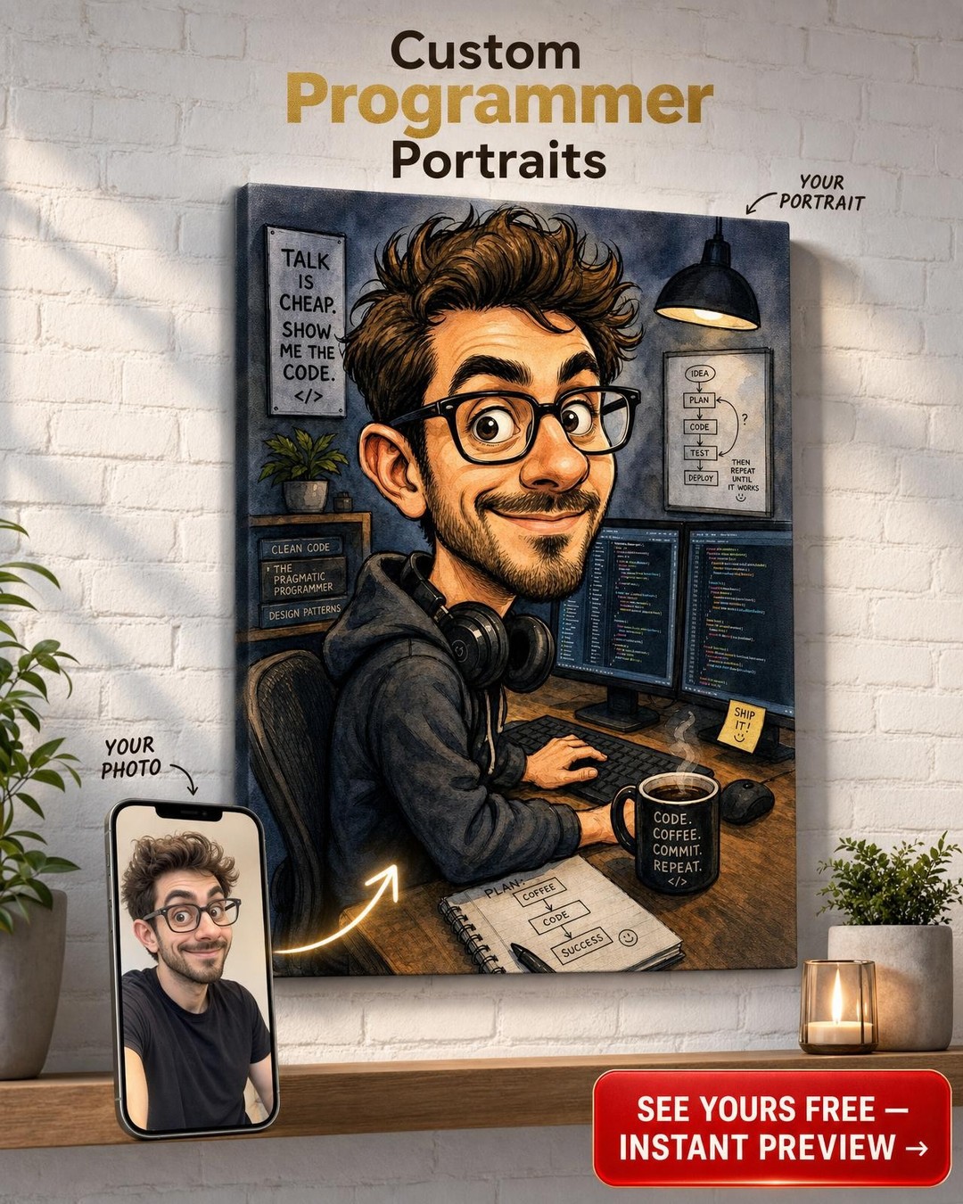 Custom Caricature Single-Man Portrait — Code & Coffee Whimsy