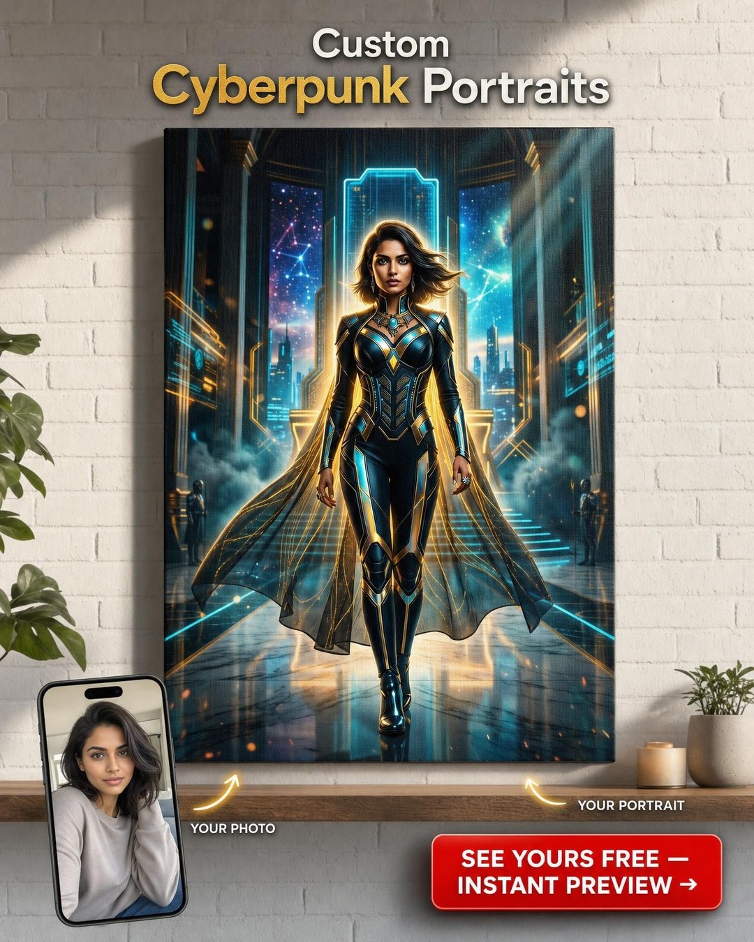 Custom Superhero Man Portrait — Heroic City Skyline Canvas