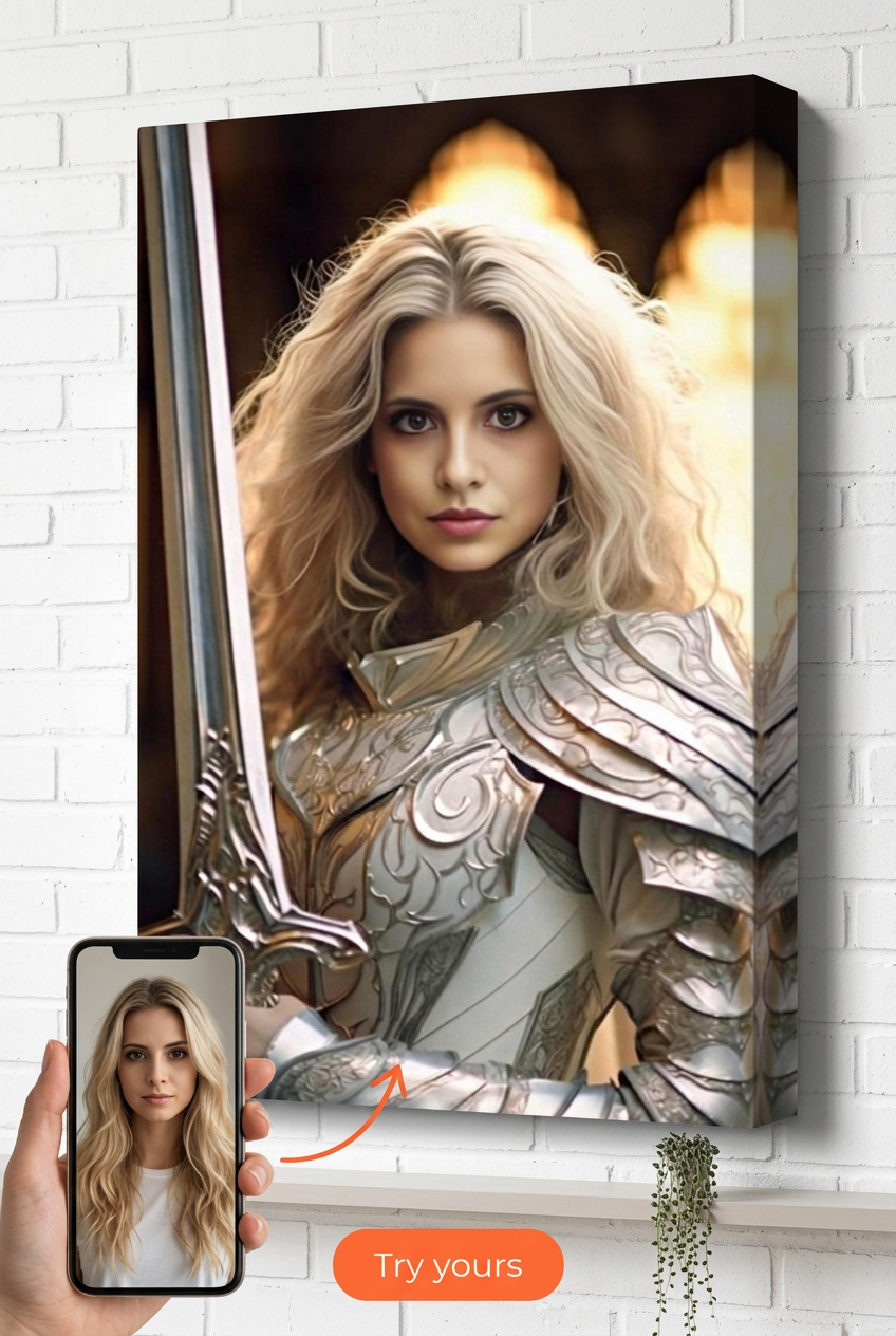 Custom Knight Woman Portrait — Heroic Warrior Canvas from Photo