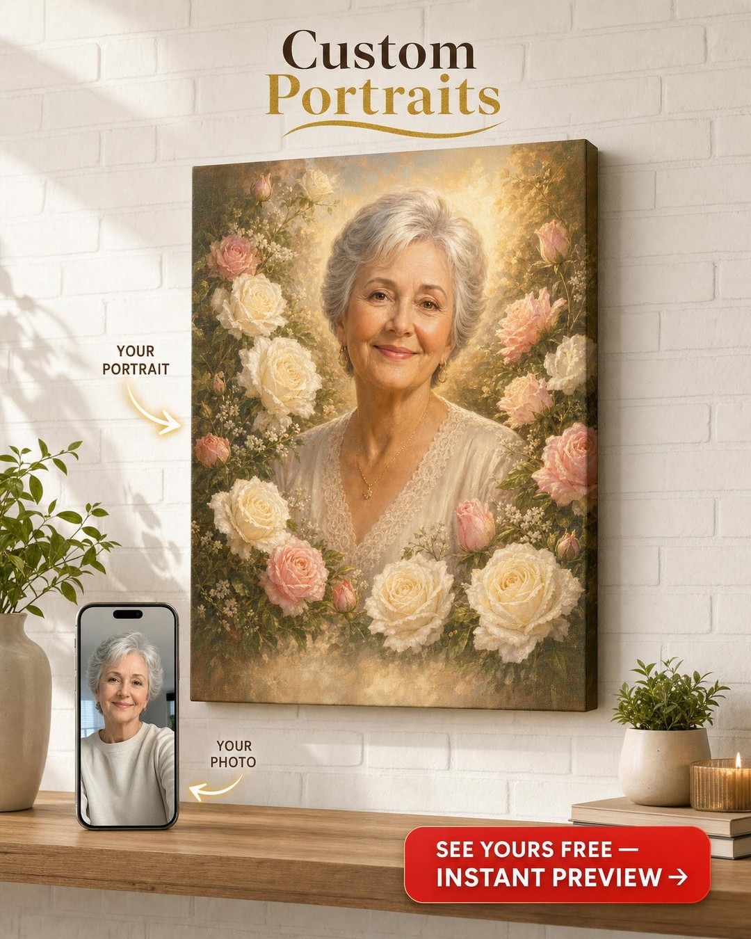 Custom Memorial Portrait from Photo — Serene Rose Canvas for Women