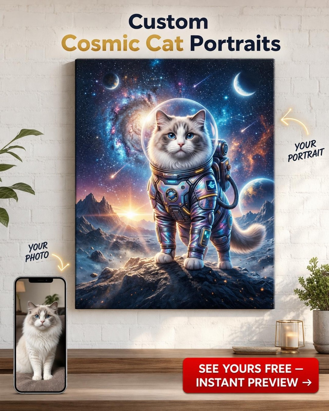 Custom Sci-Fi Cat Portrait: Astronaut Canvas Gift