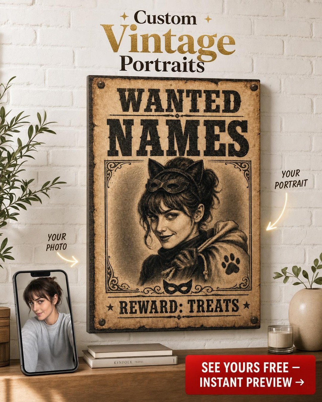 Cat Burglar Wanted Poster Custom Portrait from Photo | Personalized Gift