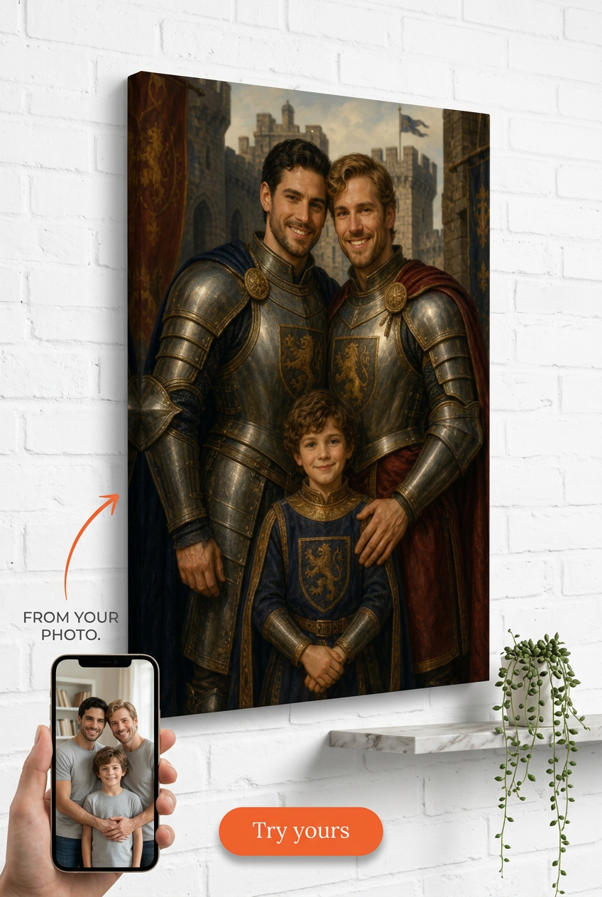 Custom Knight Family Portrait — Heroic Armor & Castle Canvas