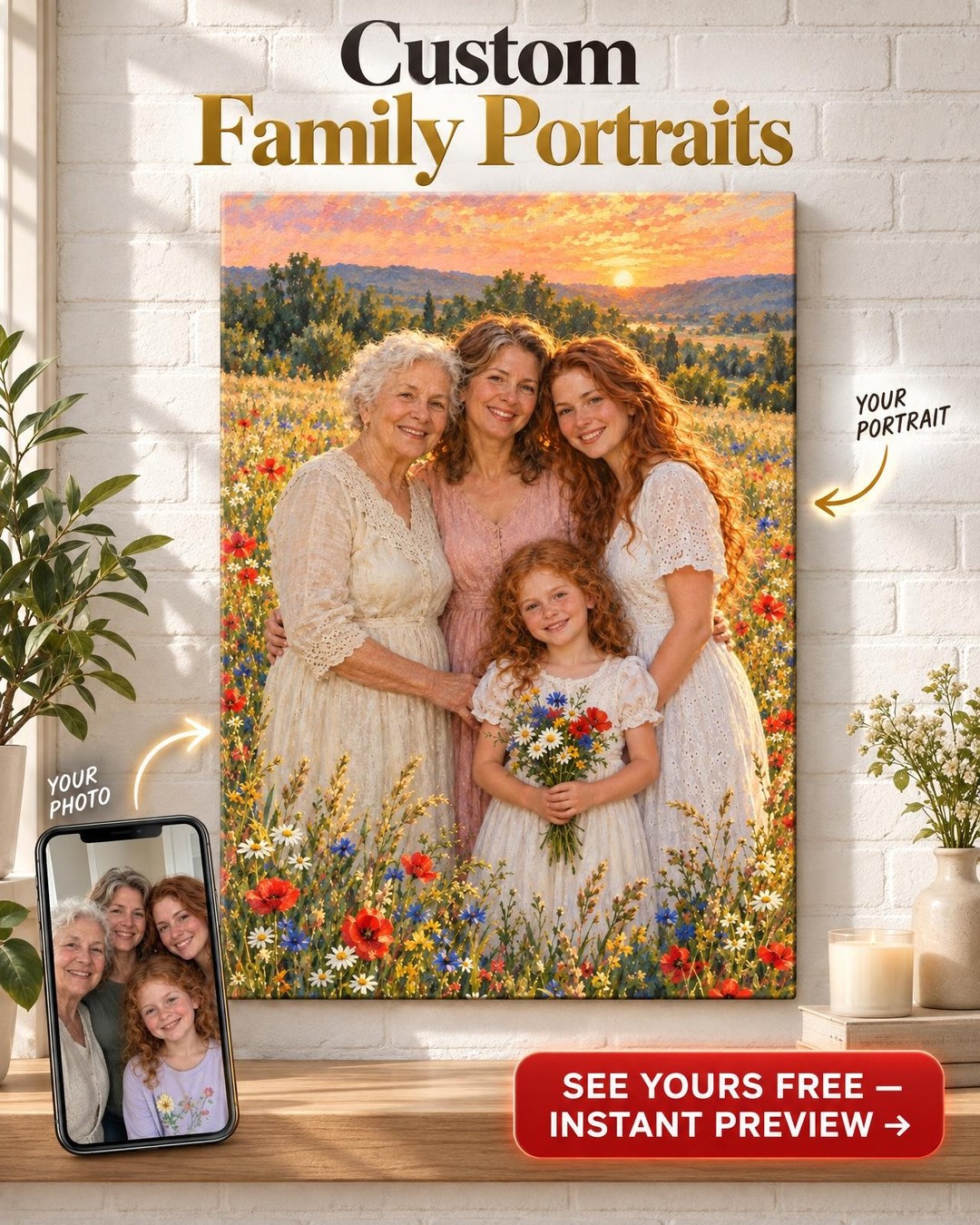 The Women of the Family Custom Portrait from Photo | Personalized Generations Portrait Gift