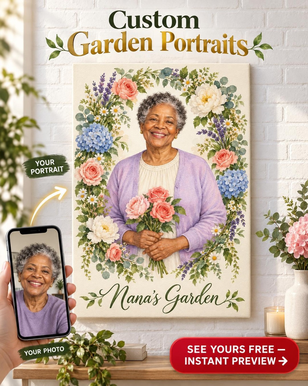 Watercolor Garden Wreath Custom Portrait | Personalized Gardener Gift