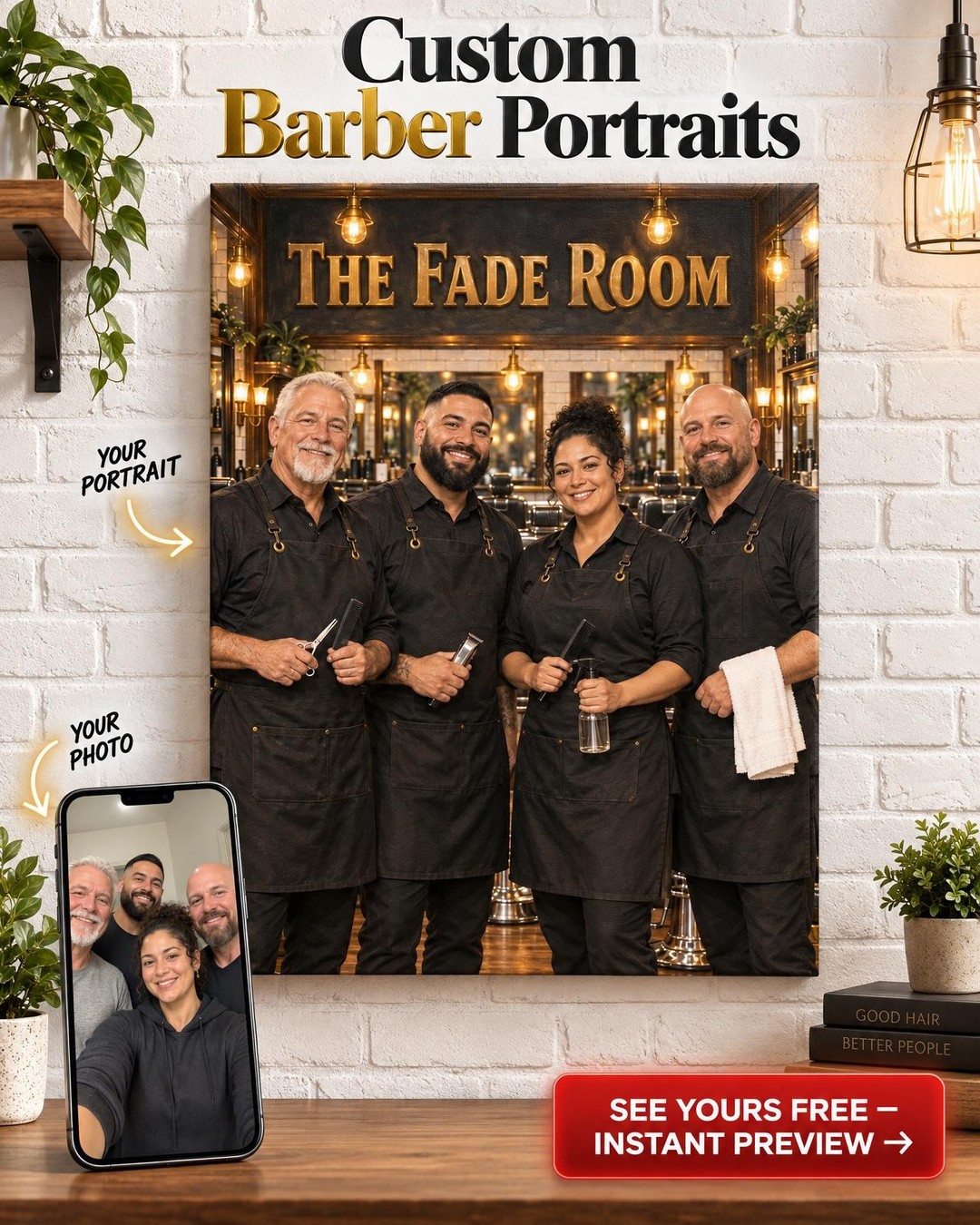 Barbershop Crew Custom Portrait from Photo | Personalized Barbershop Portrait Gift