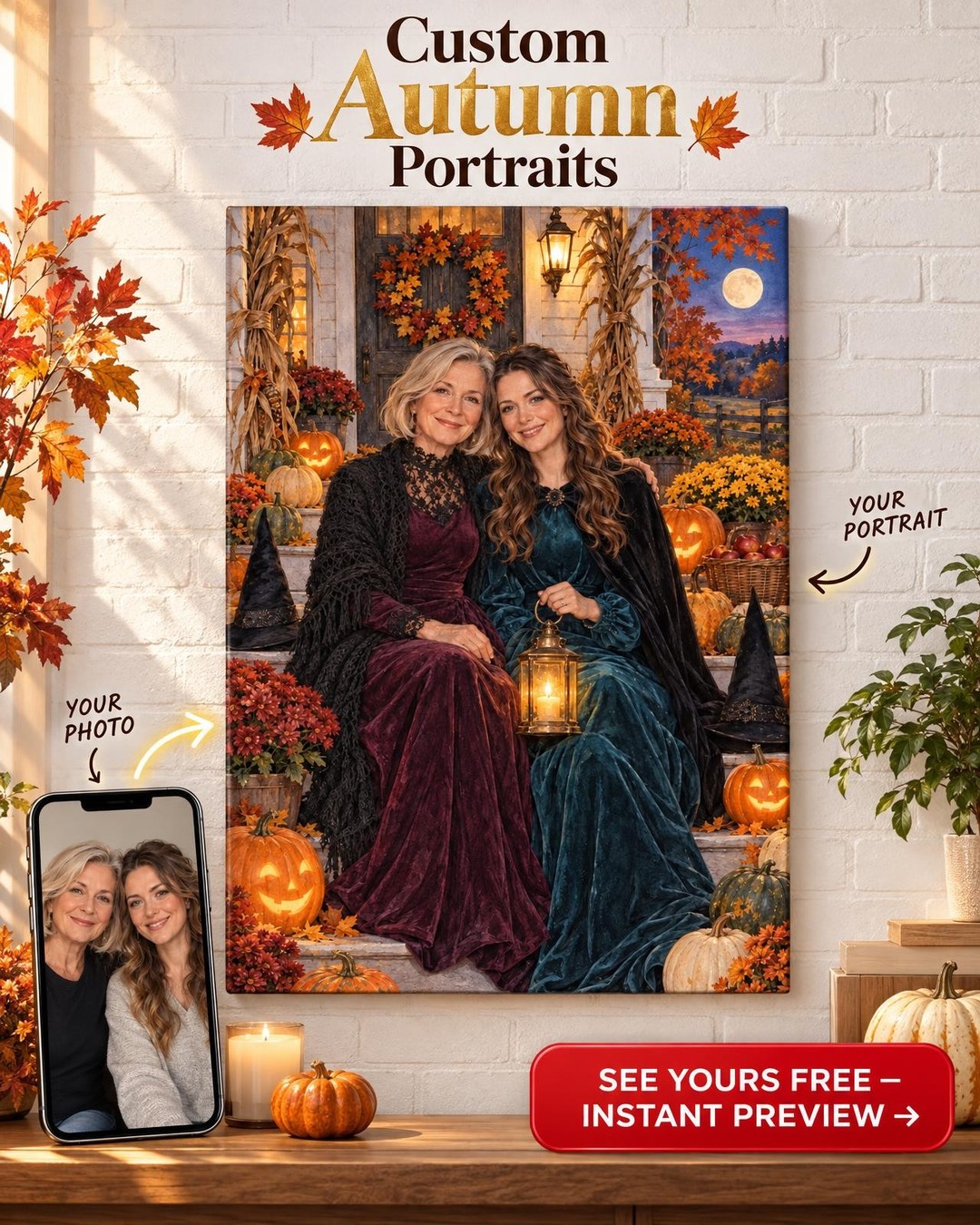 Mother and Daughter Witch Custom Portrait from Photo | Personalized Witch Portrait Gift