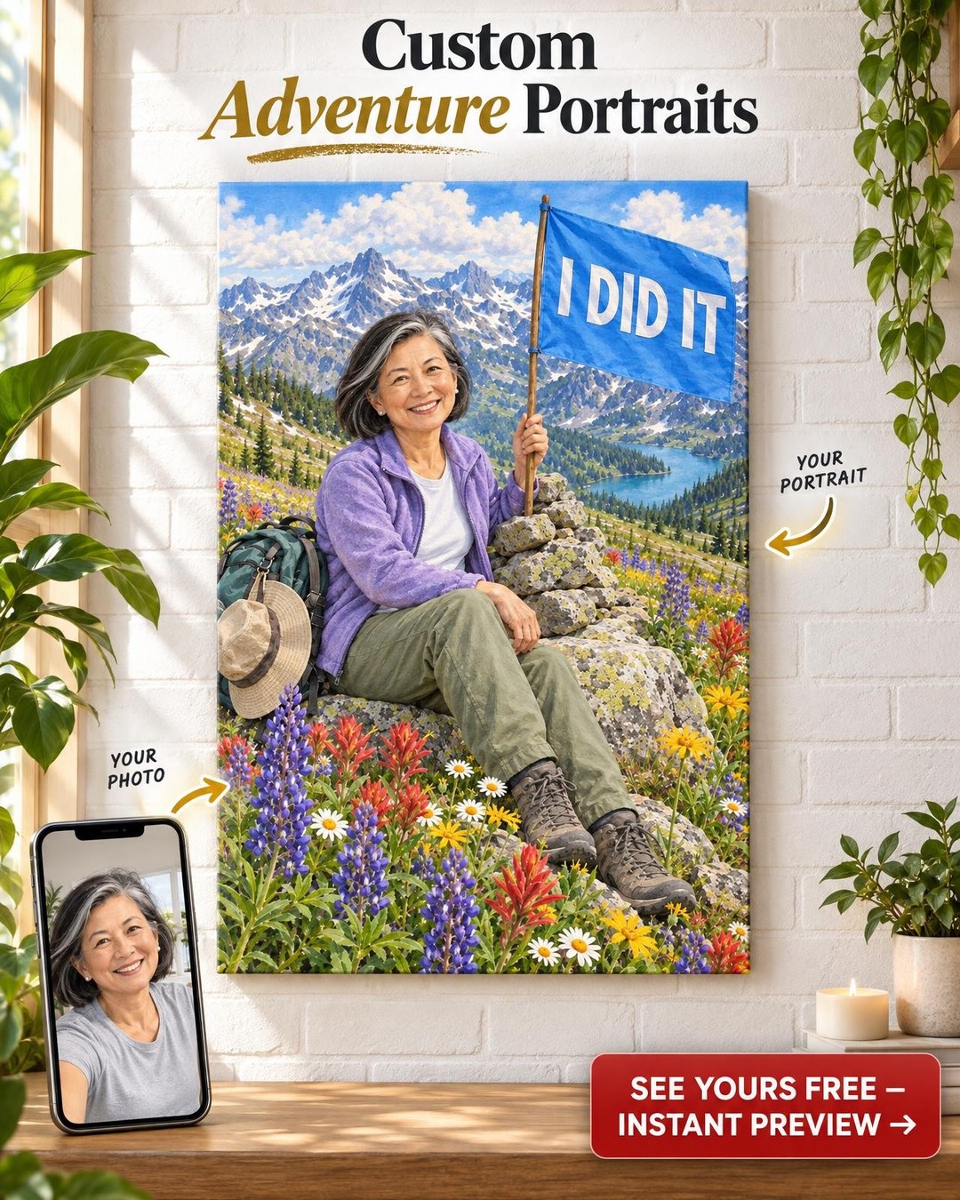 Wildflower Summit Custom Portrait from Photo | Personalized Summit Portrait Gift