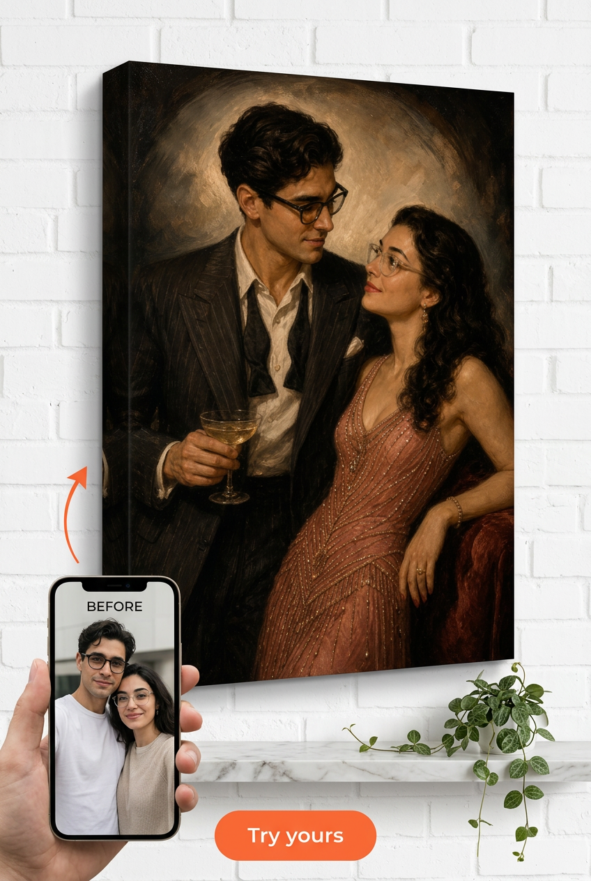 Custom 1940s Speakeasy Hollywood Couple Portrait from Photo | Personalized Undefined Gift