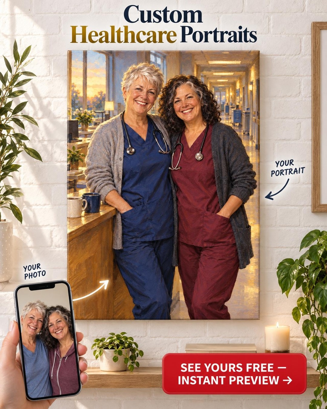 Two Nurses Same Unit Custom Portrait from Photo