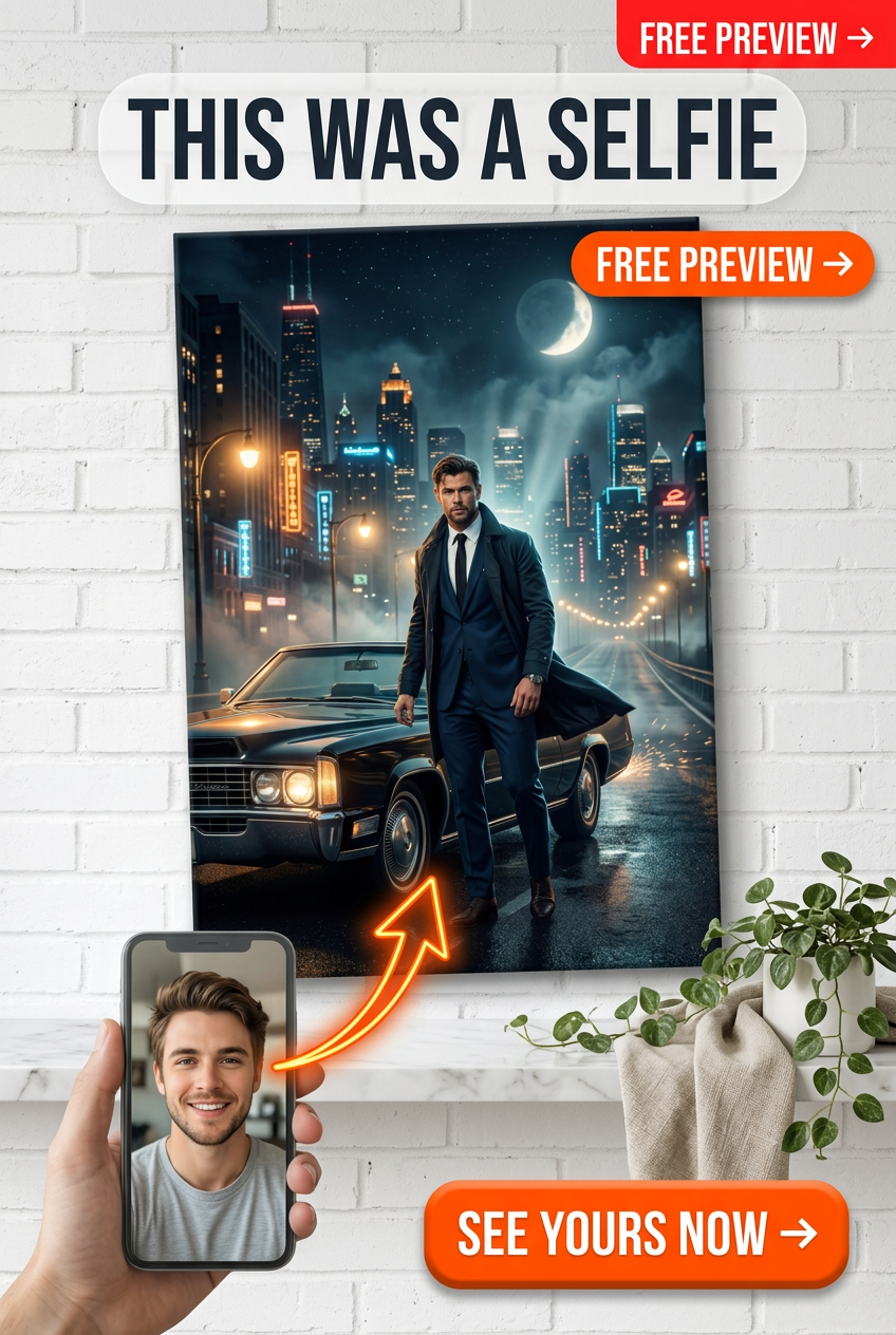 Custom Neon Single Man Portrait — Heroic City Skyline Canvas