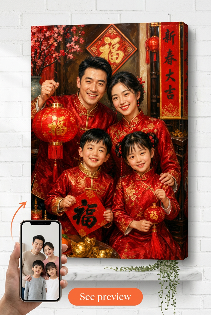 Custom Cultural Family Portrait — Festive Lunar New Year from Photo