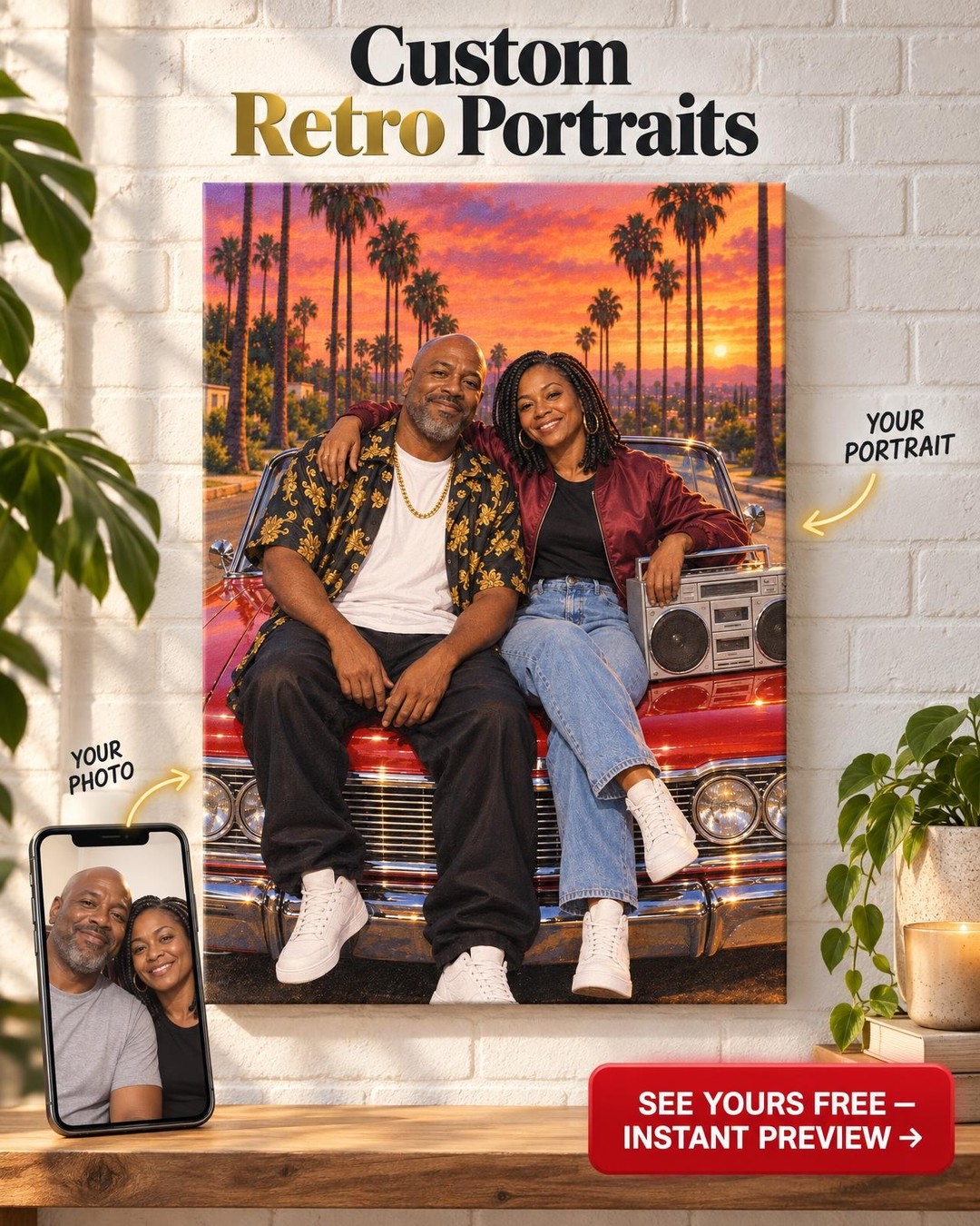 West Coast 90s Hip Hop Custom Portrait from Photo | Personalized 90s Hip Hop Canvas Gift