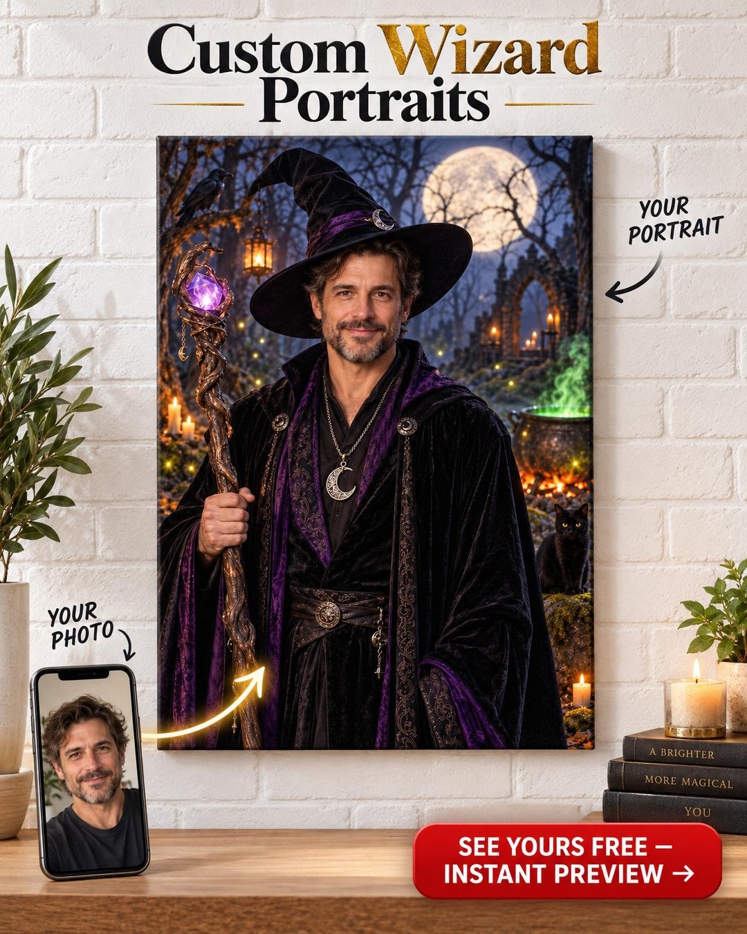 Moonlit Forest Witch Custom Portrait from Photo | Personalized For Him Gift