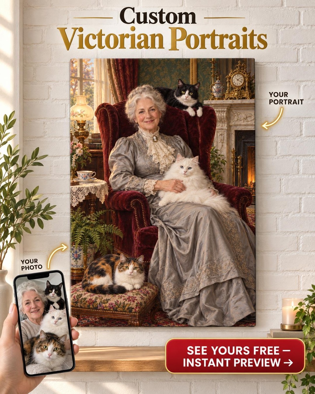 Victorian Cat Lady Custom Portrait from Photo | Personalized Cat Family Gift