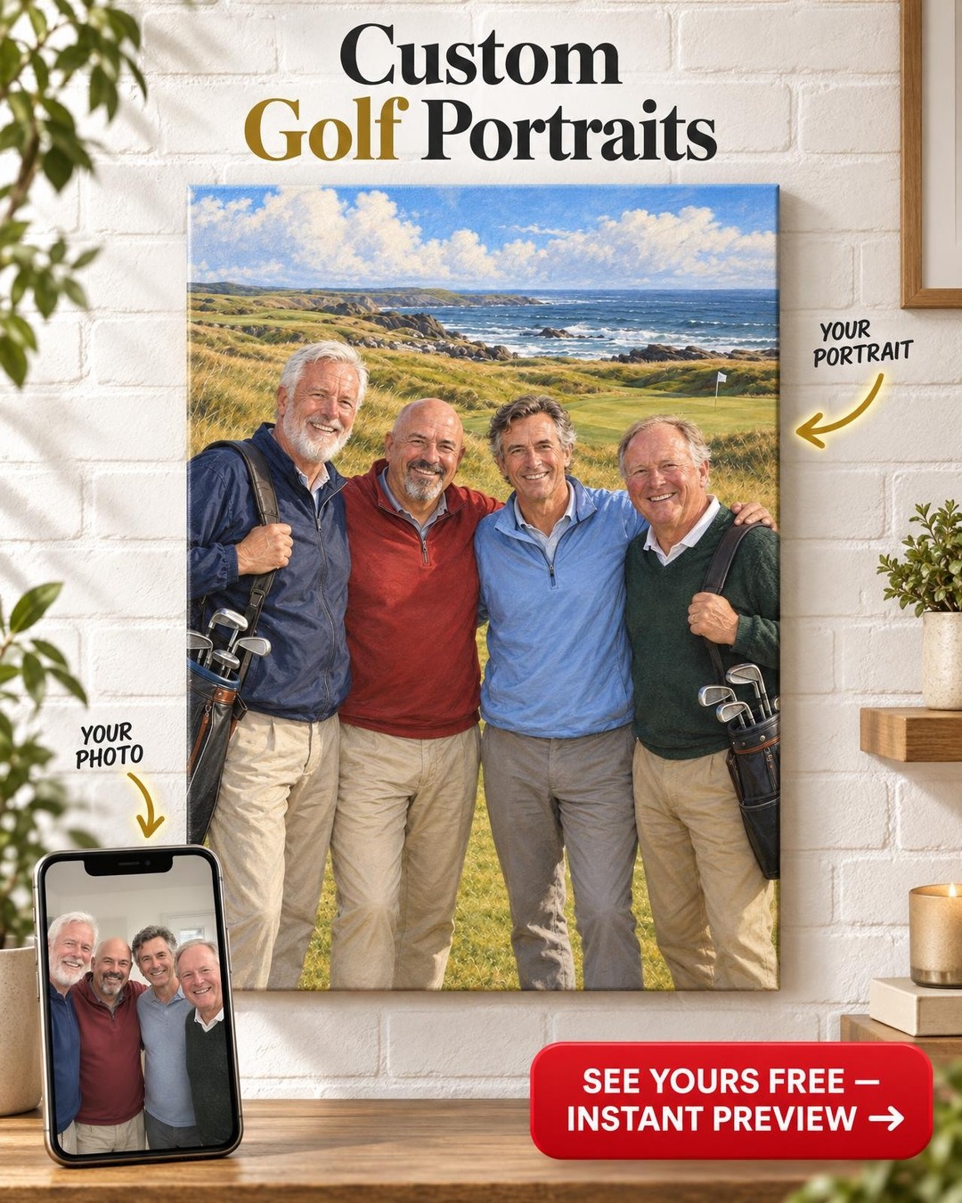 Golf Trip Foursome Custom Portrait from Photo | Personalized Golf Portrait Gift