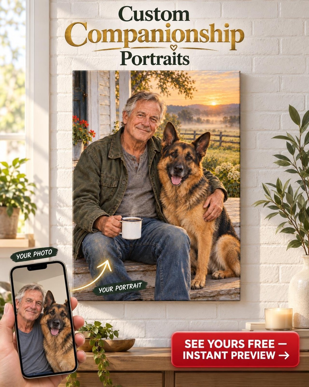 Morning Coffee on the Farm Custom Portrait from Photo | Personalized Me and My Dog Gift