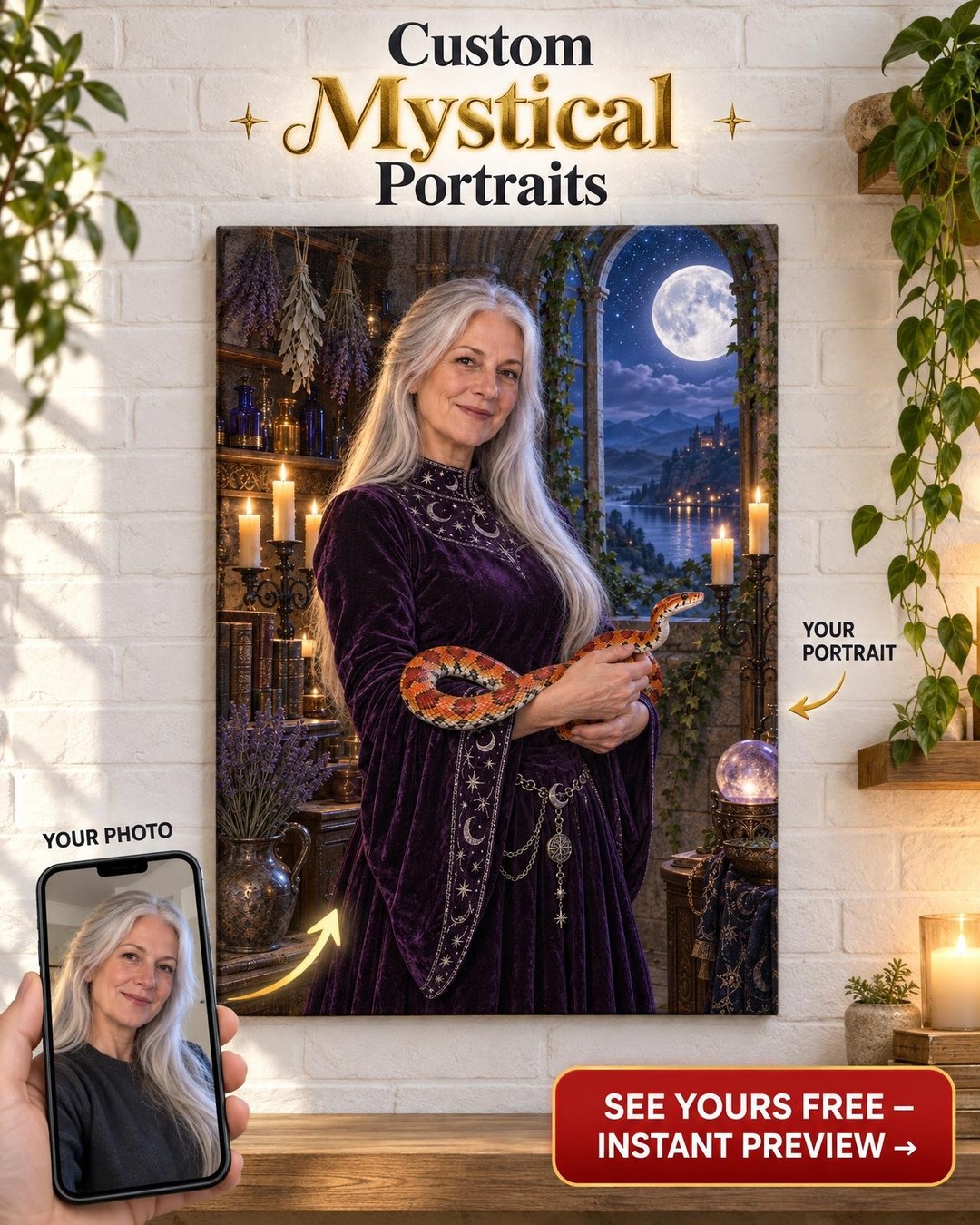 Serpent Sorceress Custom Portrait from Photo | Personalized Reptile Keeper Gift